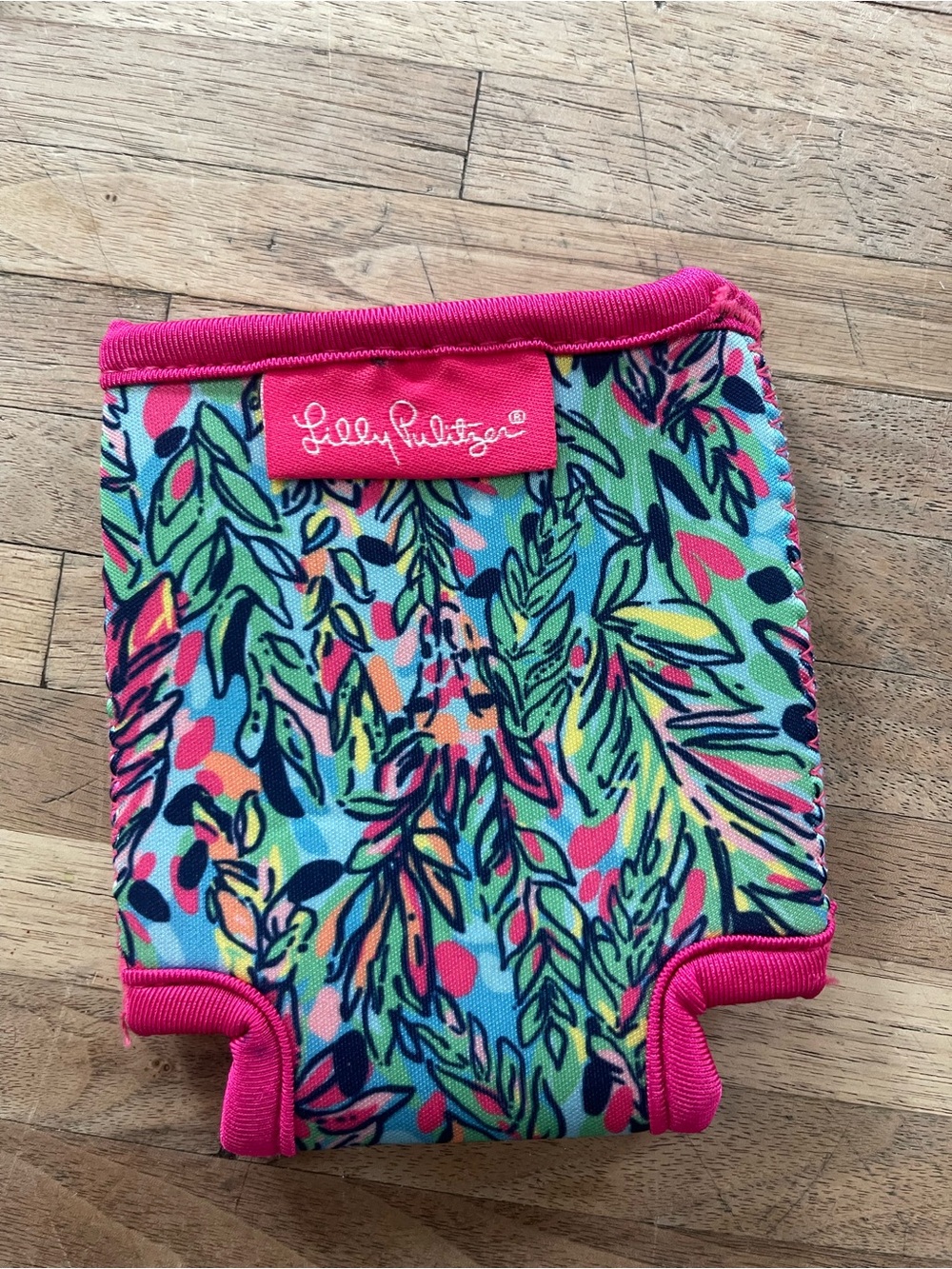 Lilly Pulitzer Multicolor Tropical Leaf Can Koozie with Hot Pink Trim